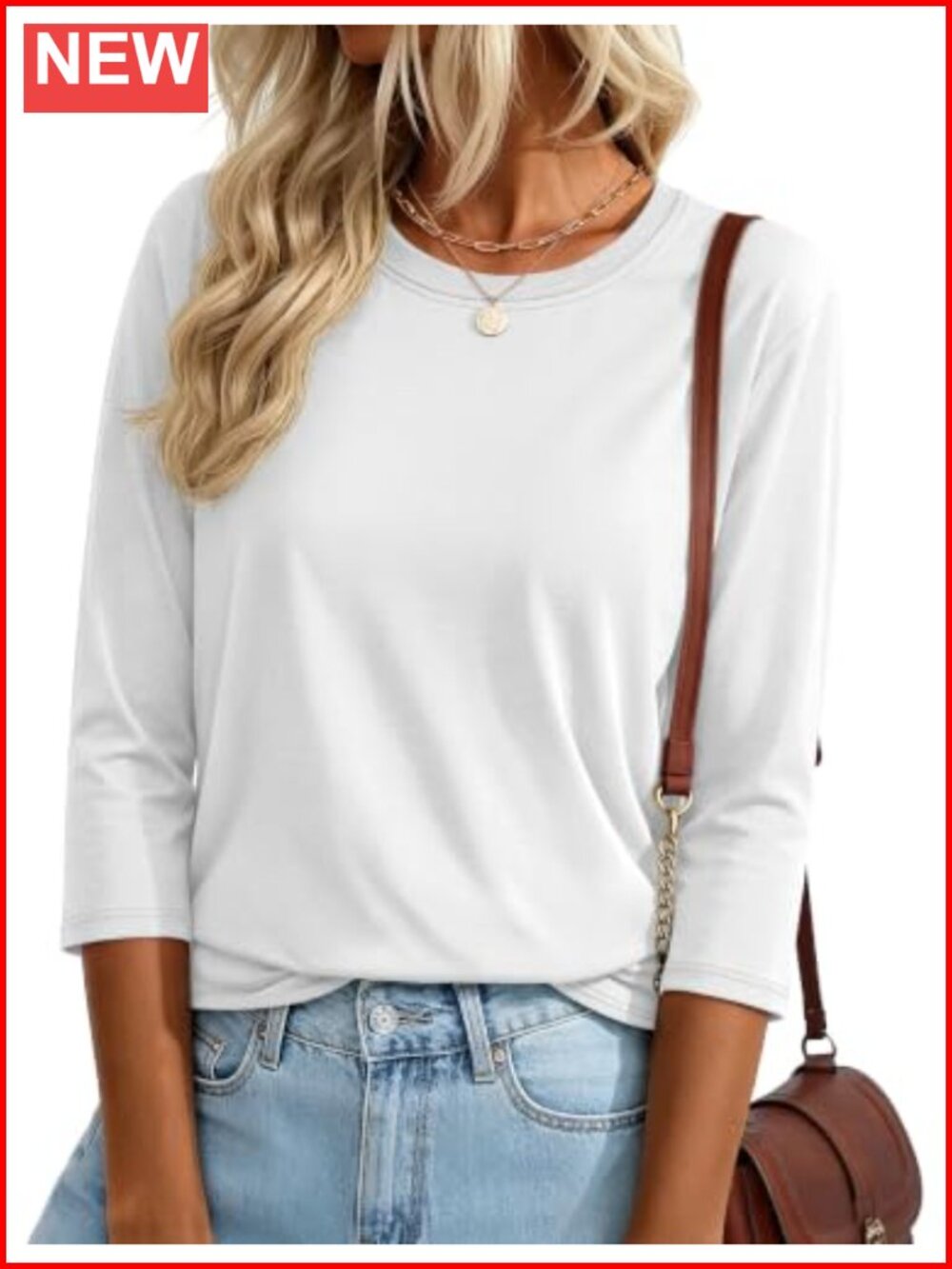 Womens 3/4 Sleeve Crew Neck Cotton Blend Casual T-Shirt